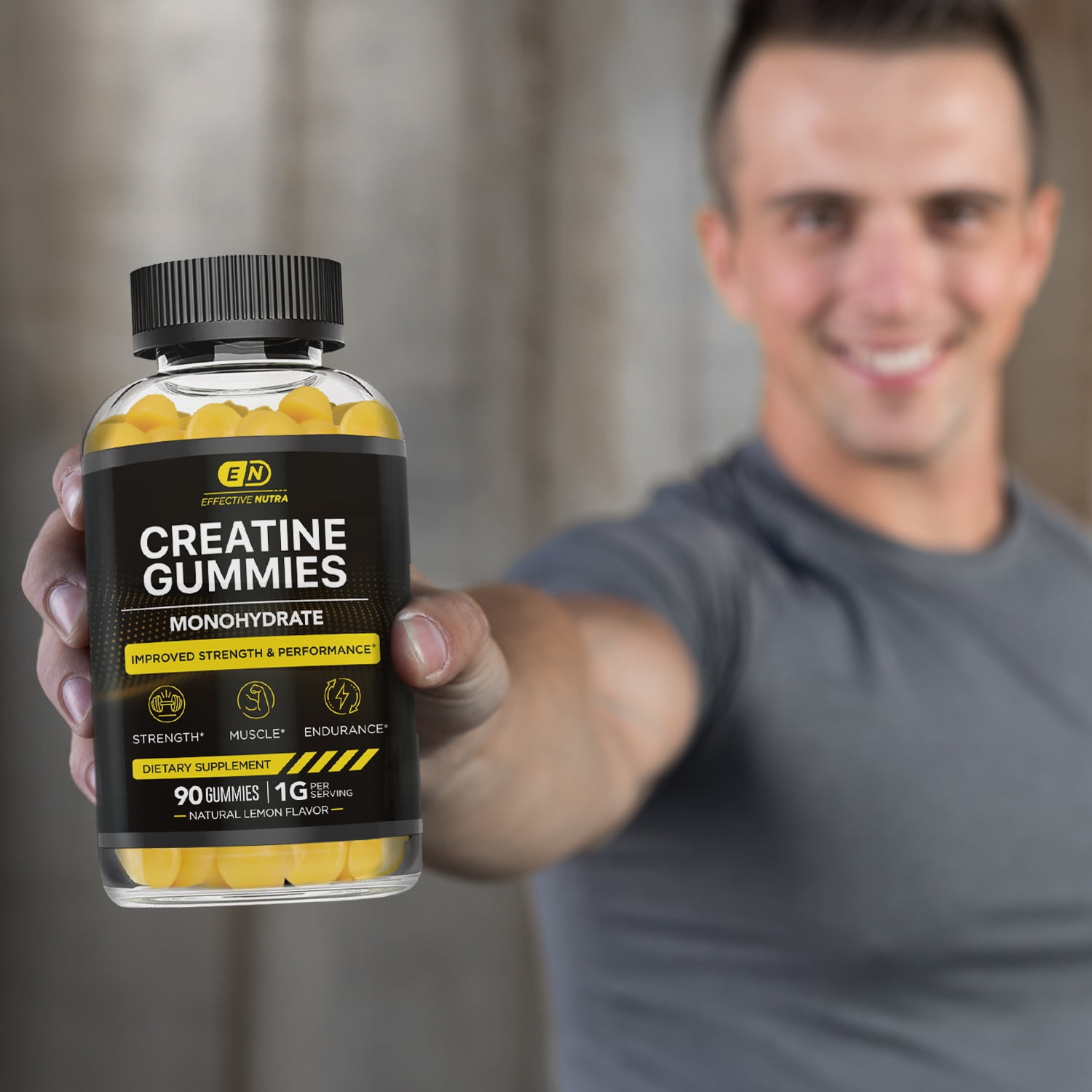 Effective Nutra Creatine Gummies for Men & Women - Creatine Monohydrate Gummies for Strength, Muscle, Energy - Natural Lemon Flavor (90ct)