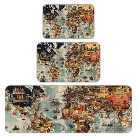 RKSupls Kitchen Rug Set 3 Piece Anti-Slip Flannel Floor Mats, Vintage World Map Washable Absorbent Runner Mats for Kitchen Bathroom Home Decor