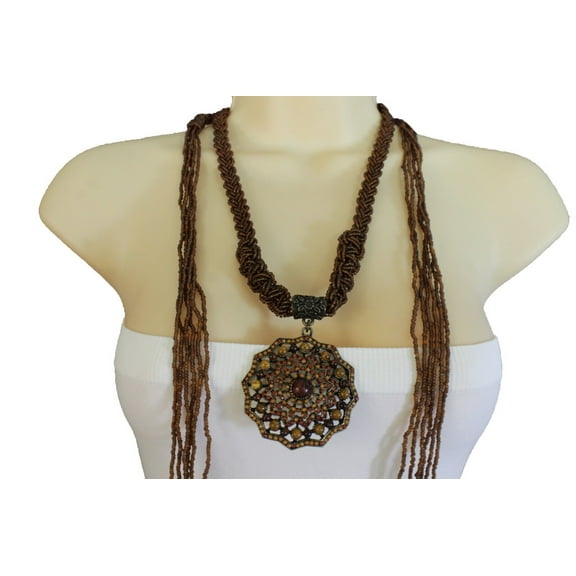 Women Extra Long Brown Bronze Beads Tie Fashion Necklace Vintage Gold Charm