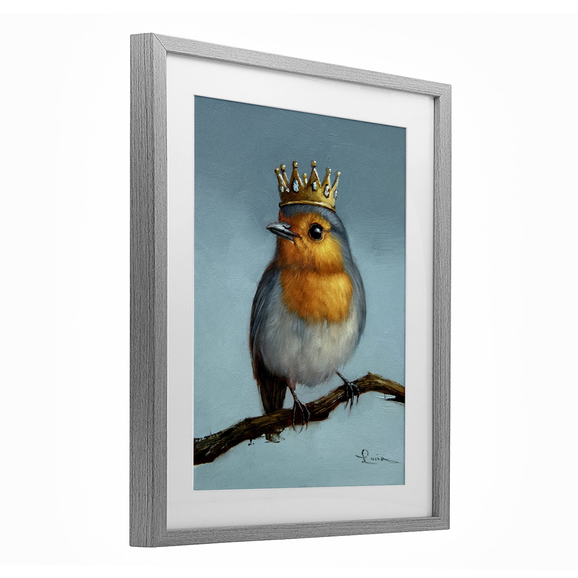 Royal Robin Perched Gray Framed Print Under Glass, design by Lucia Heffernan