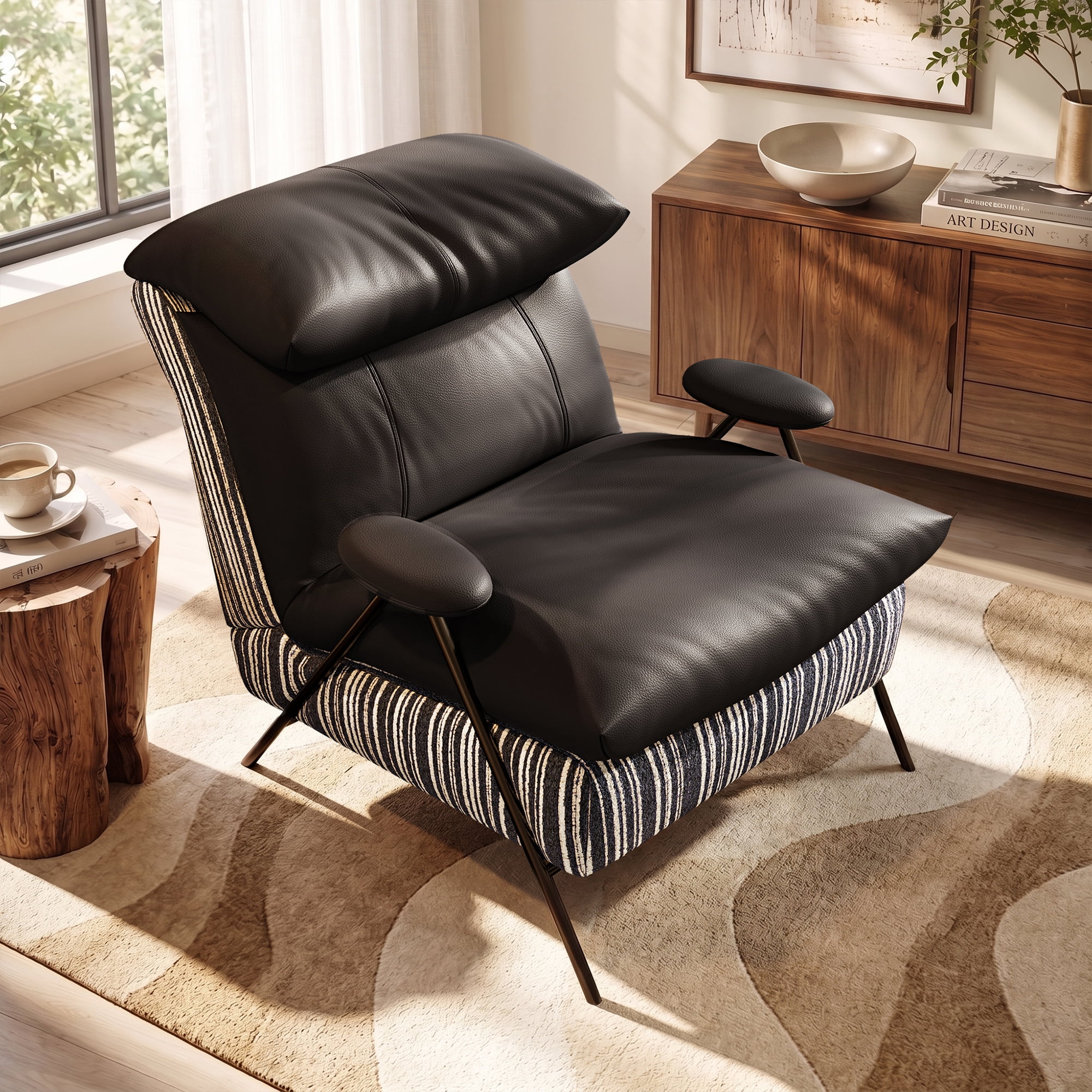 Aukfa PU Accent Chair, Modern Upholstered Armchair with Thick Padded Seat and Back for Living Room & Bedroom, Black