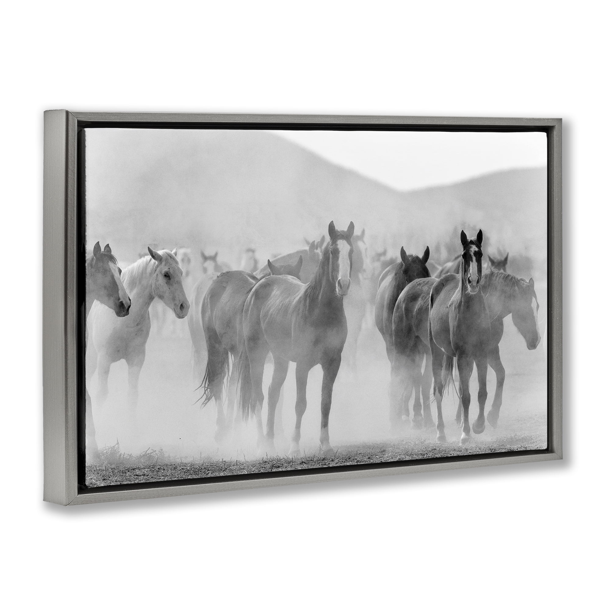 Stupell Industries Running Horse Herd Animals Painting Gray Floater Framed Canvas Art Print Wall Art, 25 x 17