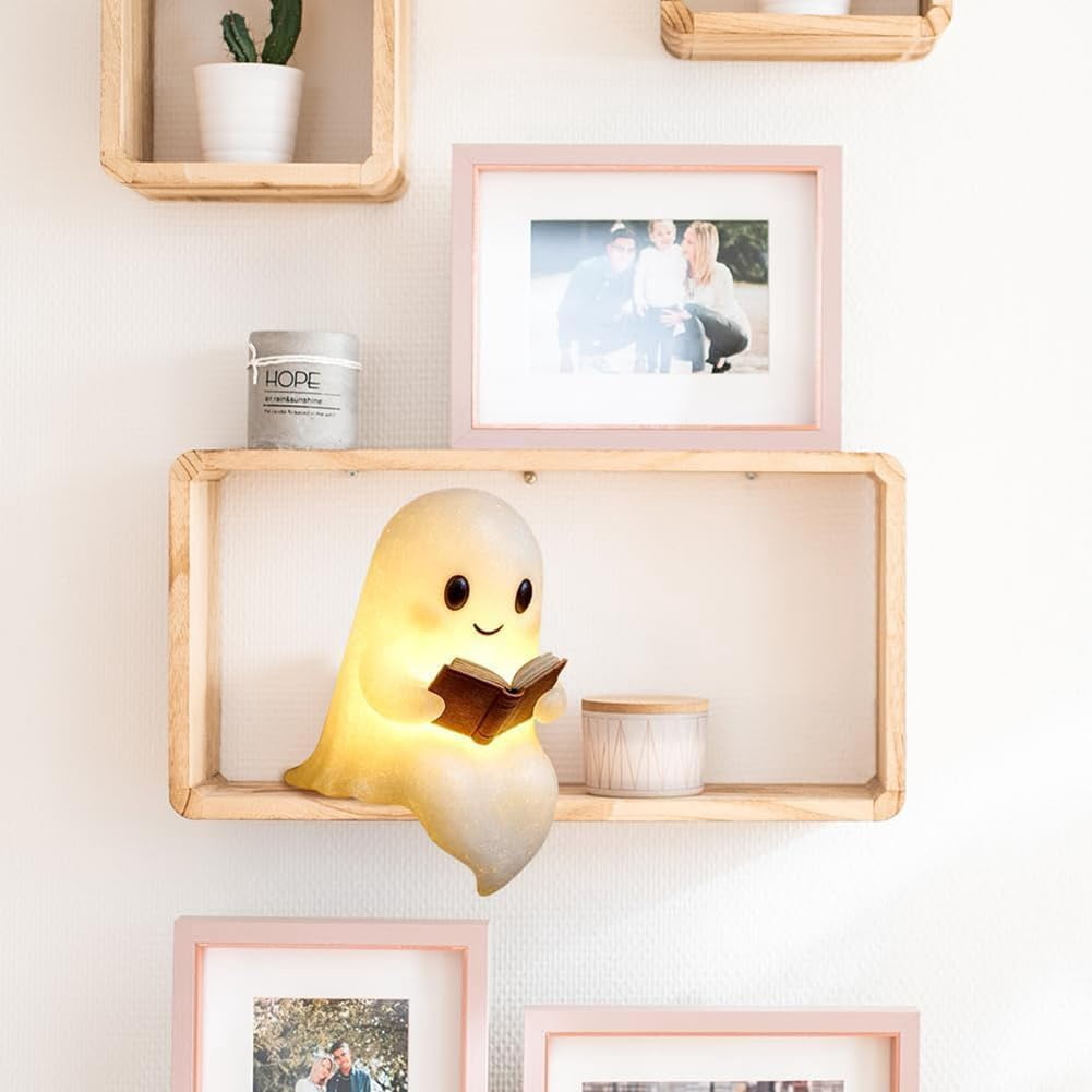 Cute Ghost Reading Book Lamp Halloween Gifts Light Up Ghost Statue Night Light Ghost Warm Lighted Indoor Figurine House Mantel Decor for Home Party Bedroom Shelf Table (6 inch)