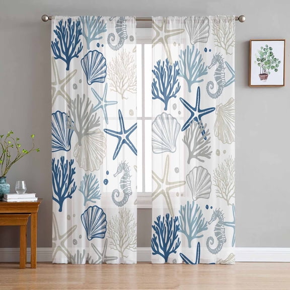 Blue Beige Coastal Sheer Curtains 108 Inch Length 2 Panels Set for Living Room/Bedroom, Summer Beach Starfish Coral Nautical Curtain Sheers Drapes Rod Pocket Curtains Window Treatment 52''x108''x2