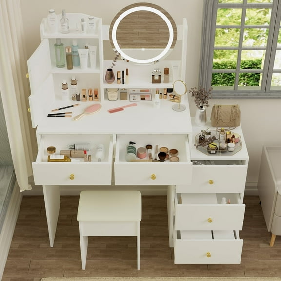 Montary Teen/Adult Vanity Desk Set w/LED Mirror & Cushioned Stool - 3-Level Adjustable Lighting, Makeup Dressing Table (White)
