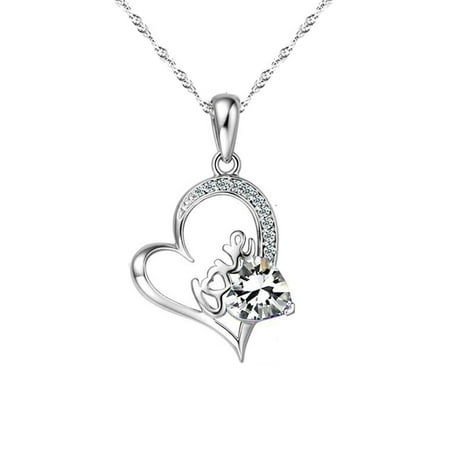 - 14K White Gold Plated Forever Lover Heart Pendant Necklace For Women