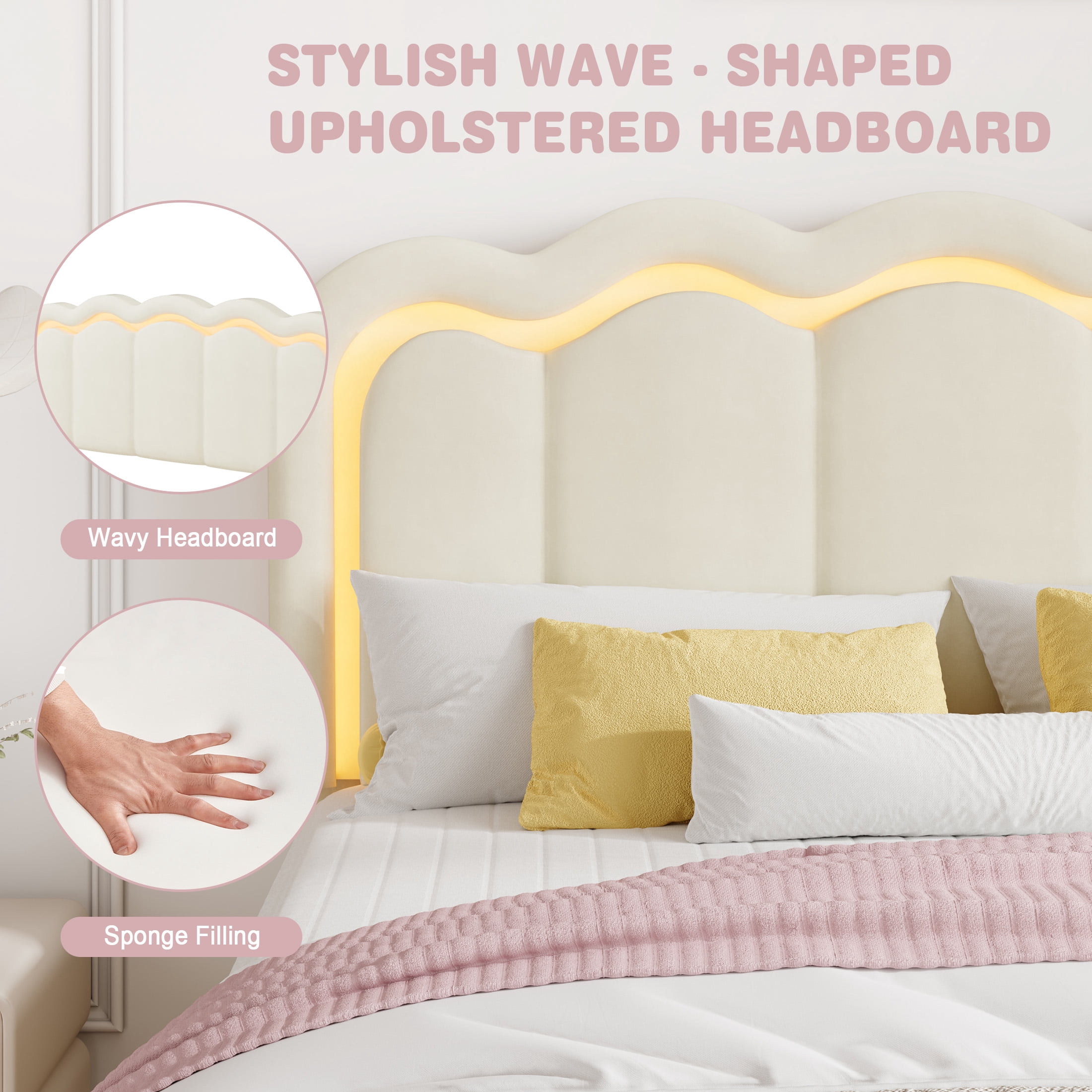 Amolife Queen Size LED Bed Frame with Drawer, Platform Bed with Velvet Upholstered Adjustable Wavy Headboard, Cream