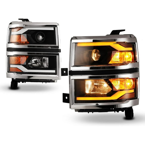 LED DRL Headlights Assembly for 2014 2015 Chevy Silverado 1500 Chrome Frame Projector Head Lamp Replacement for Pickup-1 Pair (Black Housing/Clear Lens)