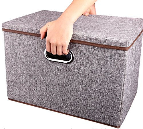 Fabric Collapsible Foldable Storage Bins Organizer Containers with Cover for Home Bedroom Closet Grey Color 1Pack Large Linen Storage Boxes with Lids No Smell with Label Window