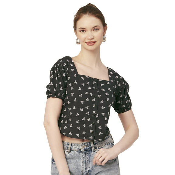 Moomaya Crop Tops For Women, Square Neck, Short Puff Sleeve, Buttoned Casual Summer Top