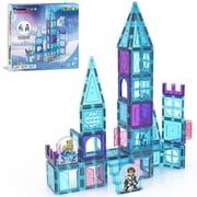 PICASSO-TILES 70pc Magnetic Tiles Winter Ice Castle Set with Princess & Prince Character Stair Case, Building Blocks STEM Educational Toy for Kids