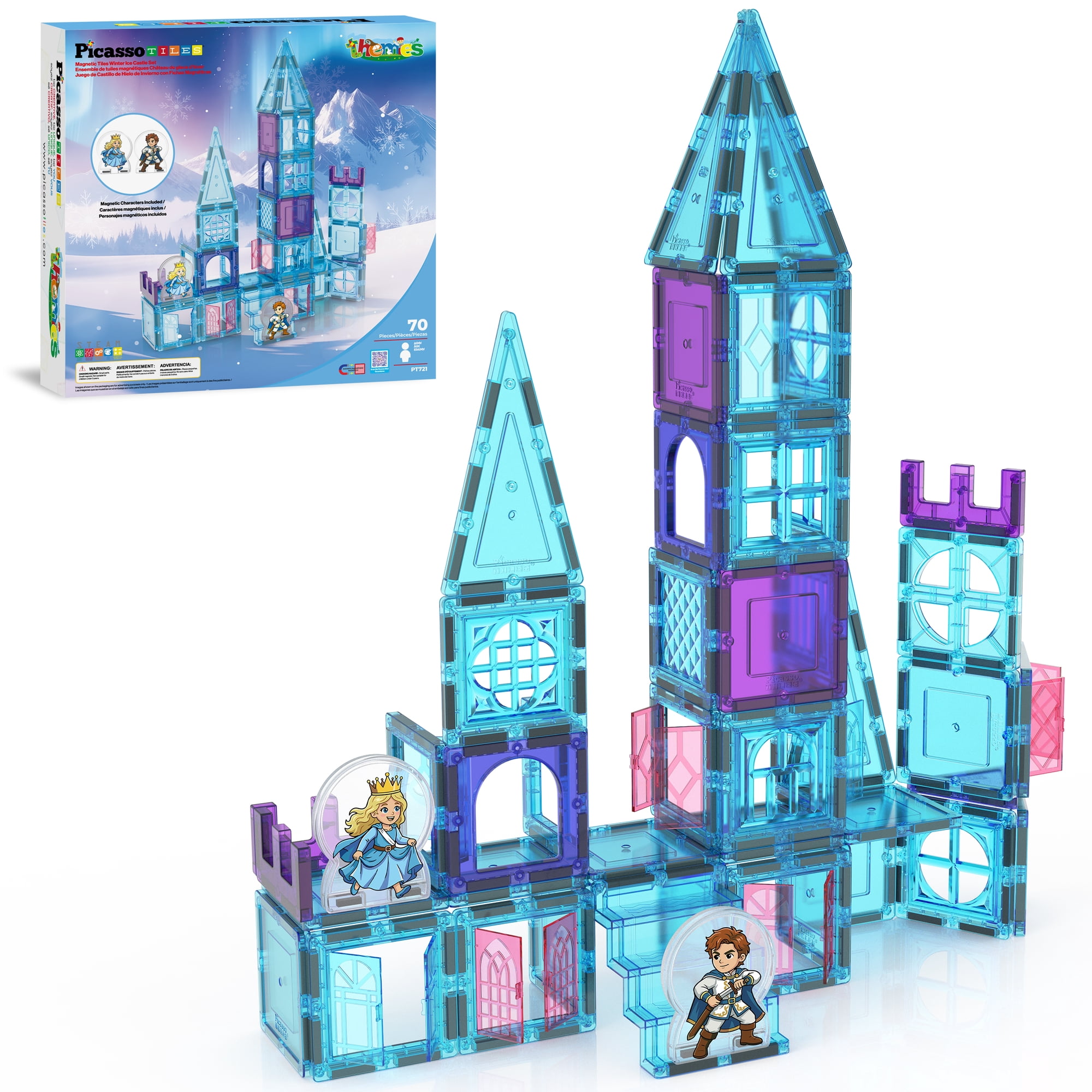 PICASSO-TILES 70pc Magnetic Tiles Winter Ice Castle Set with Princess & Prince Character Stair Case, Building Blocks STEM Educational Toy for Kids