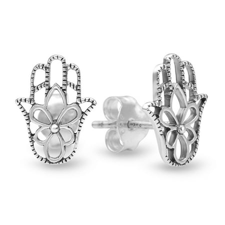 Chuvora Sterling Silver Cut Open Filigree Hamsa Hand of Fatima Flower Post Stud Earrings 10 mm