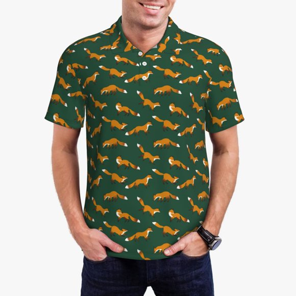 Kdxio Cartoon Fox 1 Print Men's Short Sleeve Polo Shirt, Golf Shirts for Men, Business Casual Polos-Small