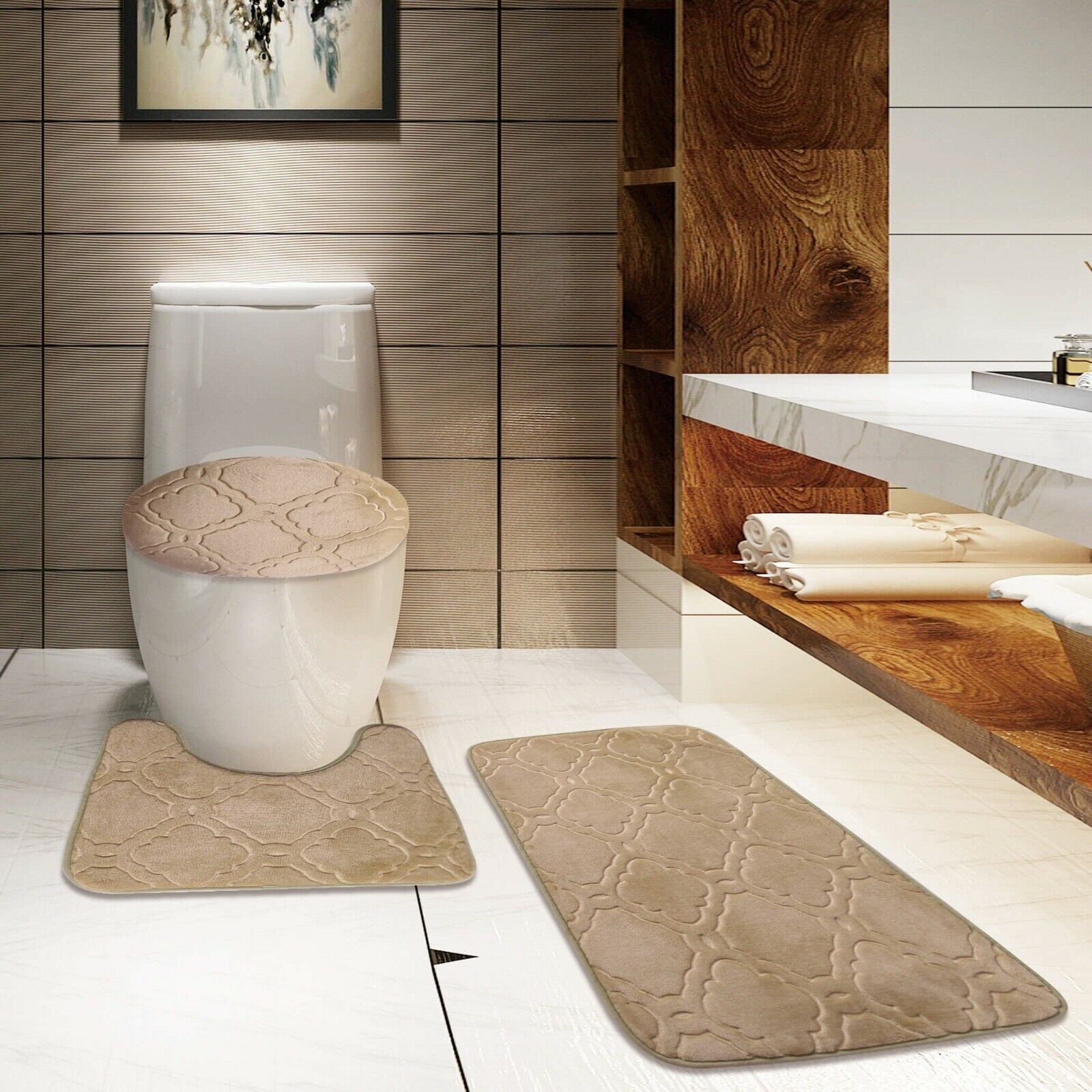 BEIGE TAUPE 3 Banded Supersoft Bathroom Bath Mat Set Includes, 1