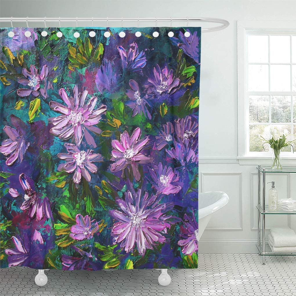 CYNLON Life Green Painting Flowers Oil on Canvas Purple Abstract Bathroom Decor Bath Shower