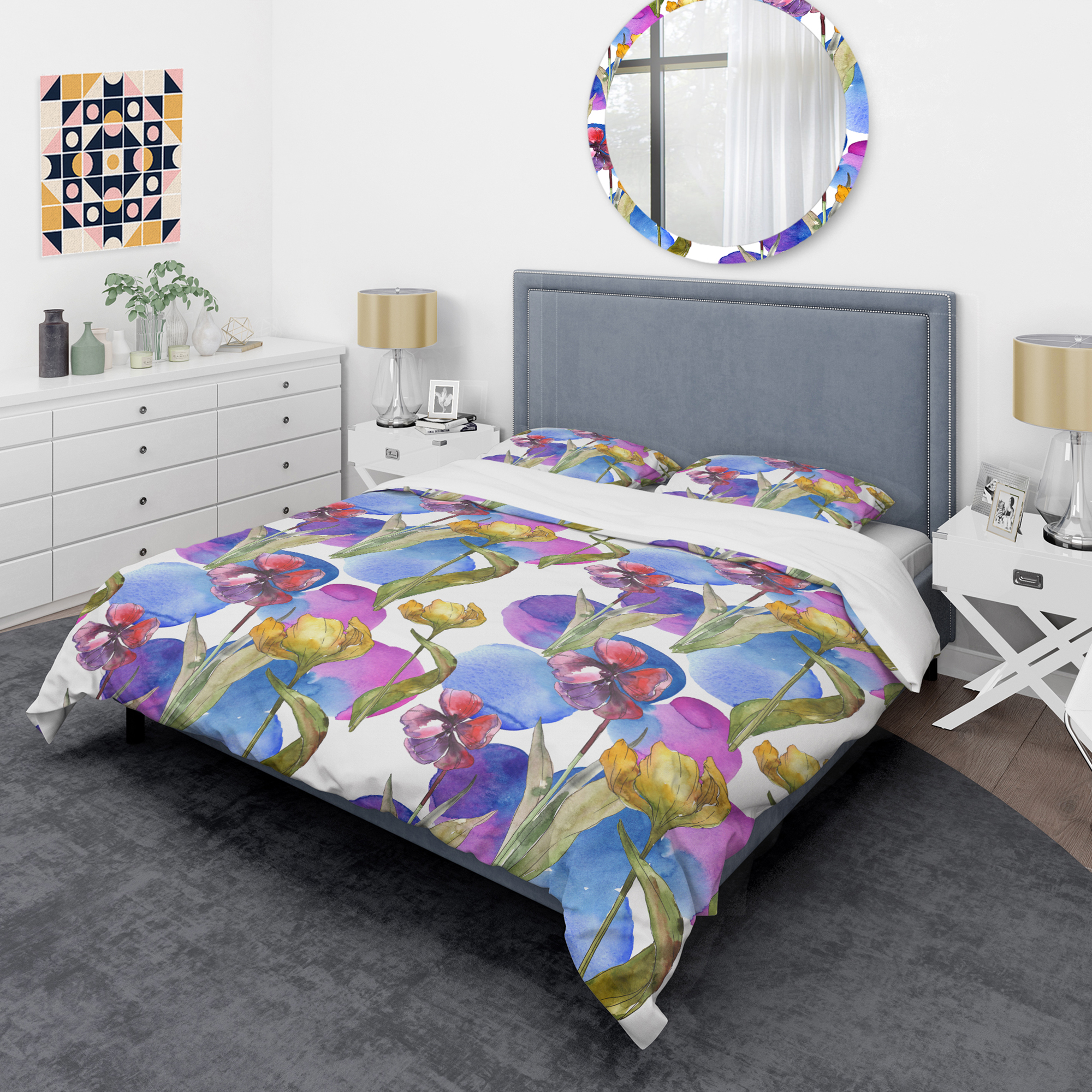 Designart 'Retro Tulips in Purple' Mid-Century Modern Duvet Cover Set
