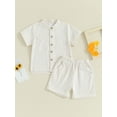 thumbnail image 2 of Suealasg Kids Boys Summer Outfits 6M 1T 2T 3T 4T 5T Little Boys Short Sleeve Button T-Shirt Tops +Elastic Shorts Set 2Pcs Child Boys Casual Linen Clothing, 2 of 9