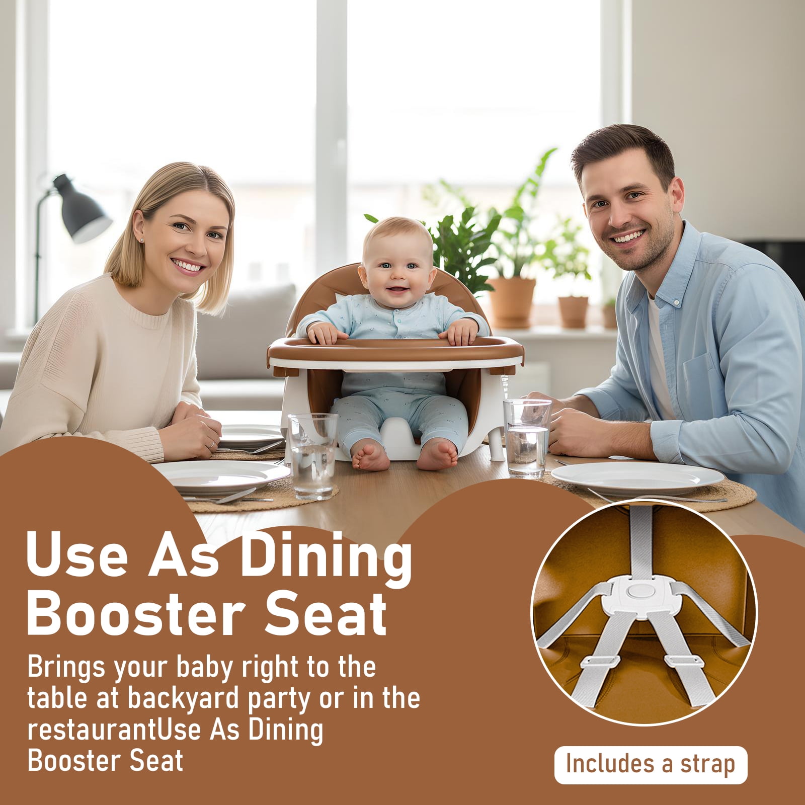 ManyFun-4-in-1 Baby High Chair Portable Toddler Baby Dining Chairs-Dining Booster Seat for Eating-Dinner Plate and Toy Rack,Brown