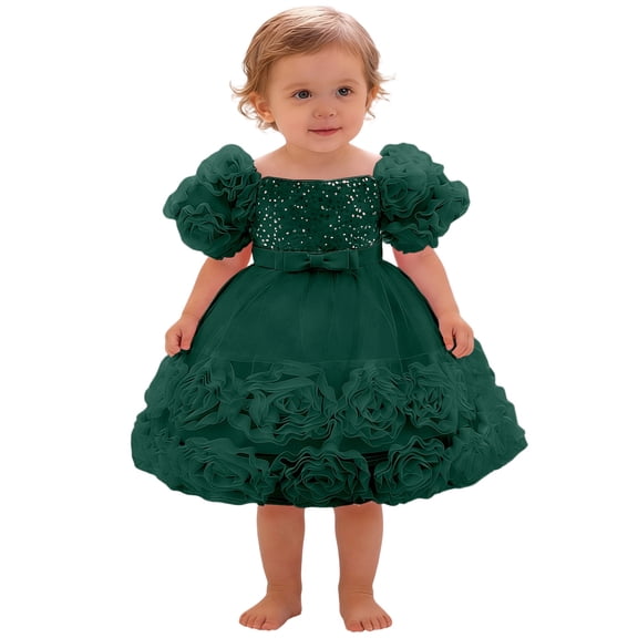 FINALGANG Baby Girls Solid Color Bodice Dress Puff Sleeves 3D Rose Flower Decor Tulle Skirt Princess Formal Dress For Party Daily Wear Green 12-18 Months