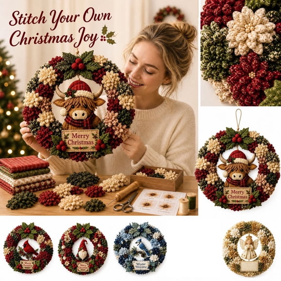 Christmas 3D Fabric Poke Wreath DIY Kit for Adults, Highland Cow Holiday Fabric Poke Wreath Craft Set, Front Door Hanging Wreath, Holiday Home Decor & Handmade Christmas Gift