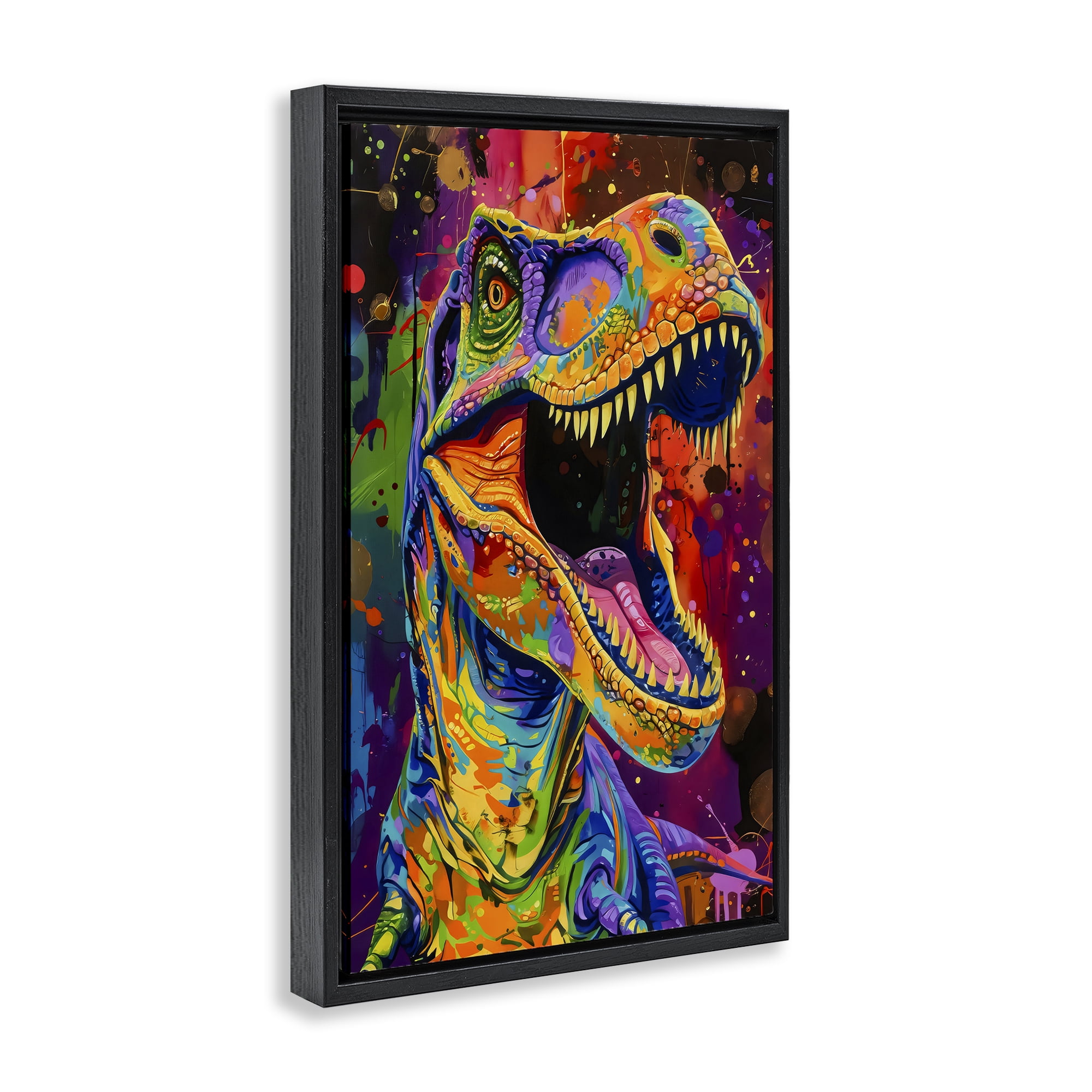 Stupell Industries Paint Splatter Urban T-Rex Black Framed Floater Canvas Wall Art, design by Creative Studio