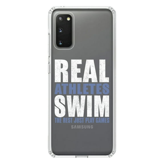 DistinctInk Clear Shockproof Hybrid Case for Galaxy S20 / S20 5G (6.2" Screen) - TPU Bumper Acrylic Back Tempered Glass Screen Protector - Real Athletes Swim Rest Play Games
