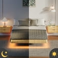 thumbnail image 5 of Bed Frame Oak Queen Floating Bed Frame with LED Lights, Wave Curve Wood Texture Bed with Heavy Duty Metal Slats - No Box Spring Needed., 5 of 7