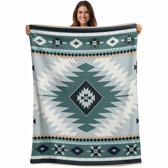 Teal Gray Boho Blanket Soft Cozy Warm Throw Blanket for Couch, Plush Fuzzy Flannel Fleece Blankets for Sofa, Southwestern Ethnic Abstract Geometric Bed Blankets Lightweight Gifts for Women, 50"x60"