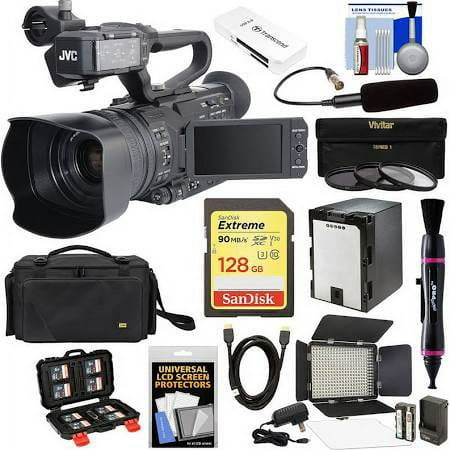 Image of JVC GY-HM200U/250 Ultra 4K HD 4KCAM Professional Camcorder & Top Handle Audio Unit with XLR Microphone 128GB Card Battery Case LED Video Light Kit