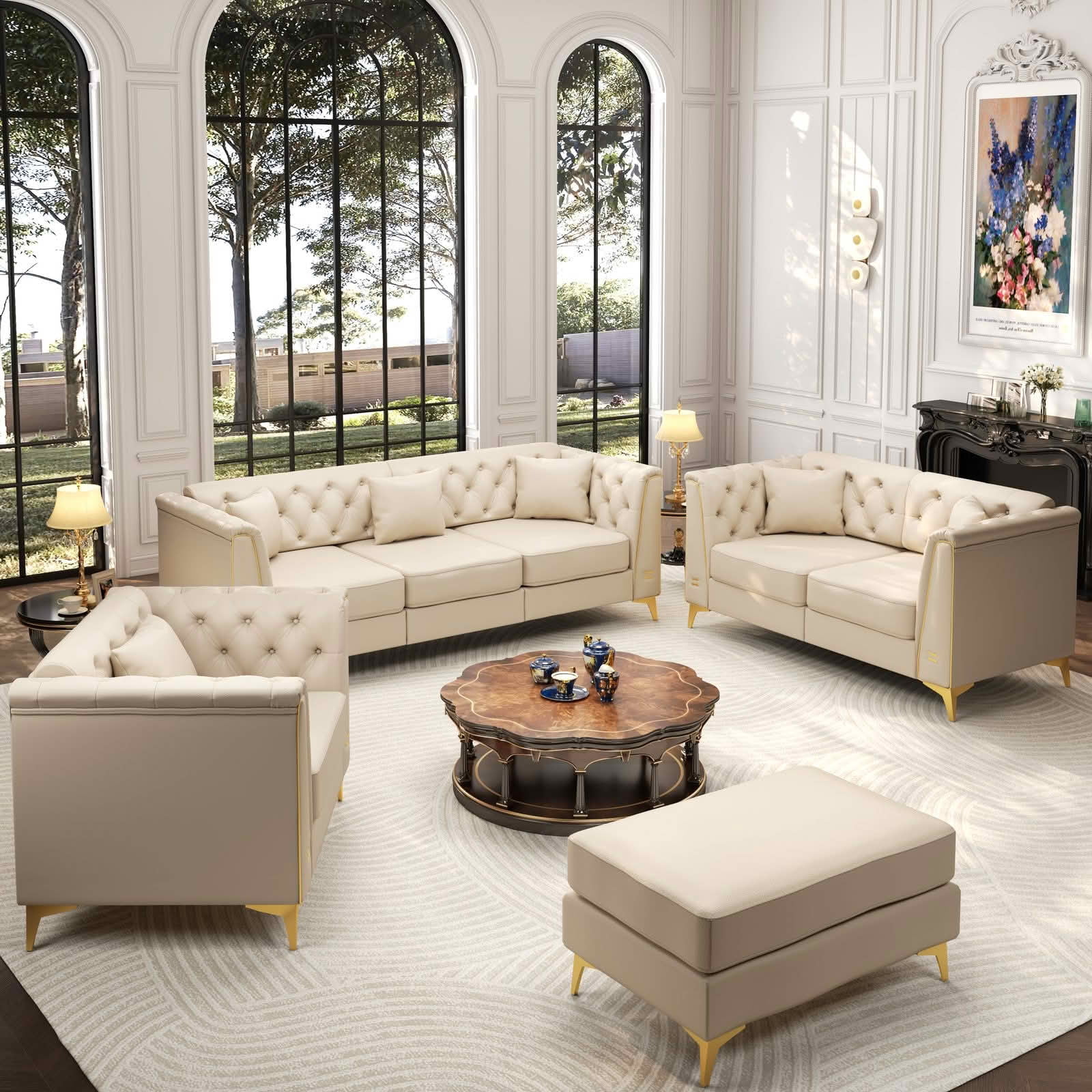 MAYEERTY Light Luxury Modular Chesterfield Sectional Sofa Set, Faux‑Leather Combination with Button Tufting, Metal‑Trim Armrest & Slim Metal Legs, 6 Pillows Included for Living Room