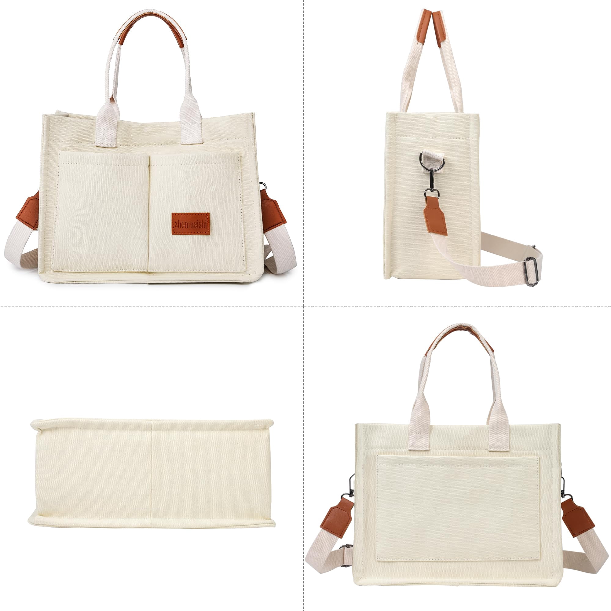 AOUNQ Canvas Tote Bag for Women Trendy Purse and Handbags Work Tote Bags with Pockets Crossbody Satchel Bag,Beige