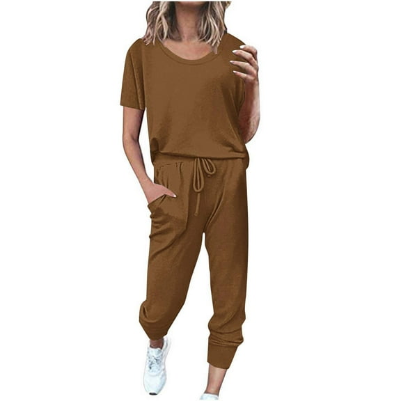 Scyoekwg Womens 2 Piece Sets Summer Outfits Trendy Tracksuit Loose Sweatsuits Sets Solid Color Short Sleeve Round Neck Drawstring Tops Jogger Pants Casual Outfits (Brown,L)