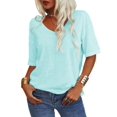 thumbnail image 2 of Women's 3/4 Sleeve Shirts V Neck Loose Fitting Tops Casual Solid Color Tshirts  Basic Tunic Summer Ladies Tops, 2 of 8