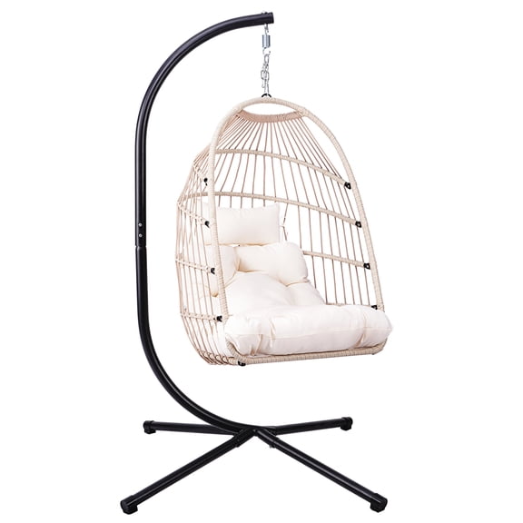 White Foldable Hanging Egg Chair with Stand, Cushions & Pillow, Wicker Patio Swing Chair, 350 Lbs Max Load