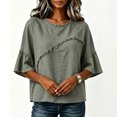 thumbnail image 3 of Lenpel Cotton Linen Shirts for Women Crew Neck Half Sleeve Boho Tops Casual Vintage Frayed Blouses Beach Vacation Clothes, 3 of 6