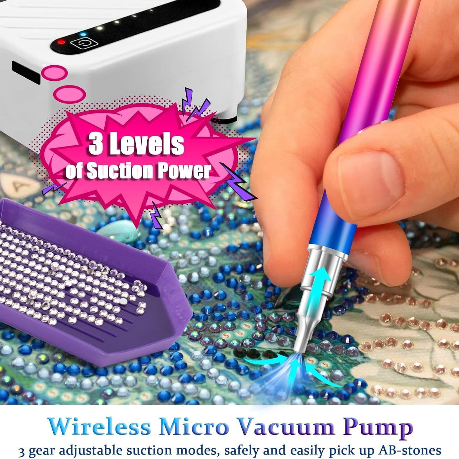 Electric Diamond Painting Pen, Diamond Art Accessories Vacuum Diamond Art Pen with Rechargebale Battery, Diamond Painting Accessories 3 Suction Modes & Indicator Lights for Adults Kids