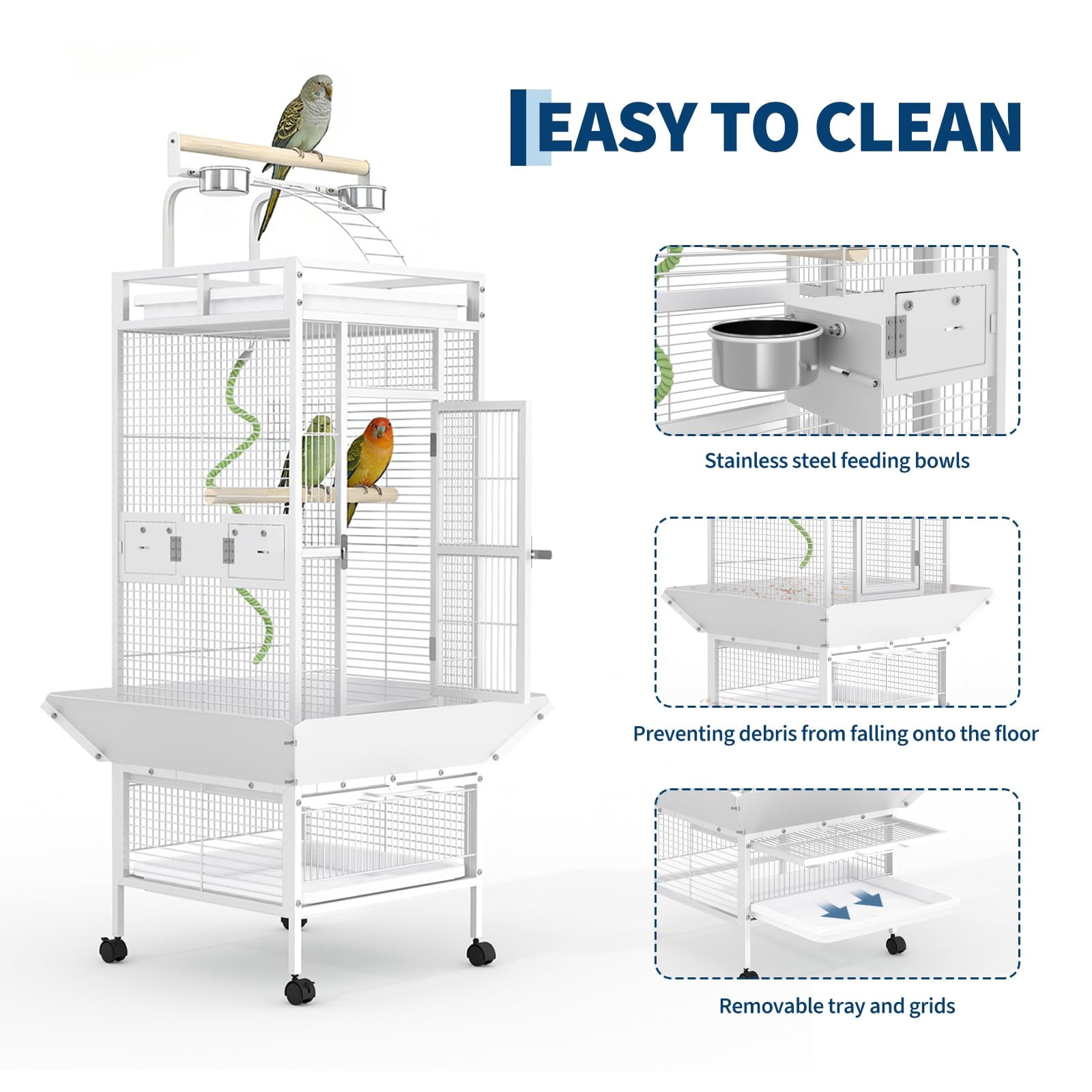 60" Large White Wrought Iron Bird Cage, Indoor Parakeet Cage with Playtop, Bird Rope Perche, Heavy Duty Wrought Iron Bird Cage on Wheels for Parrots, Parakeets, Cockatiels, Conures