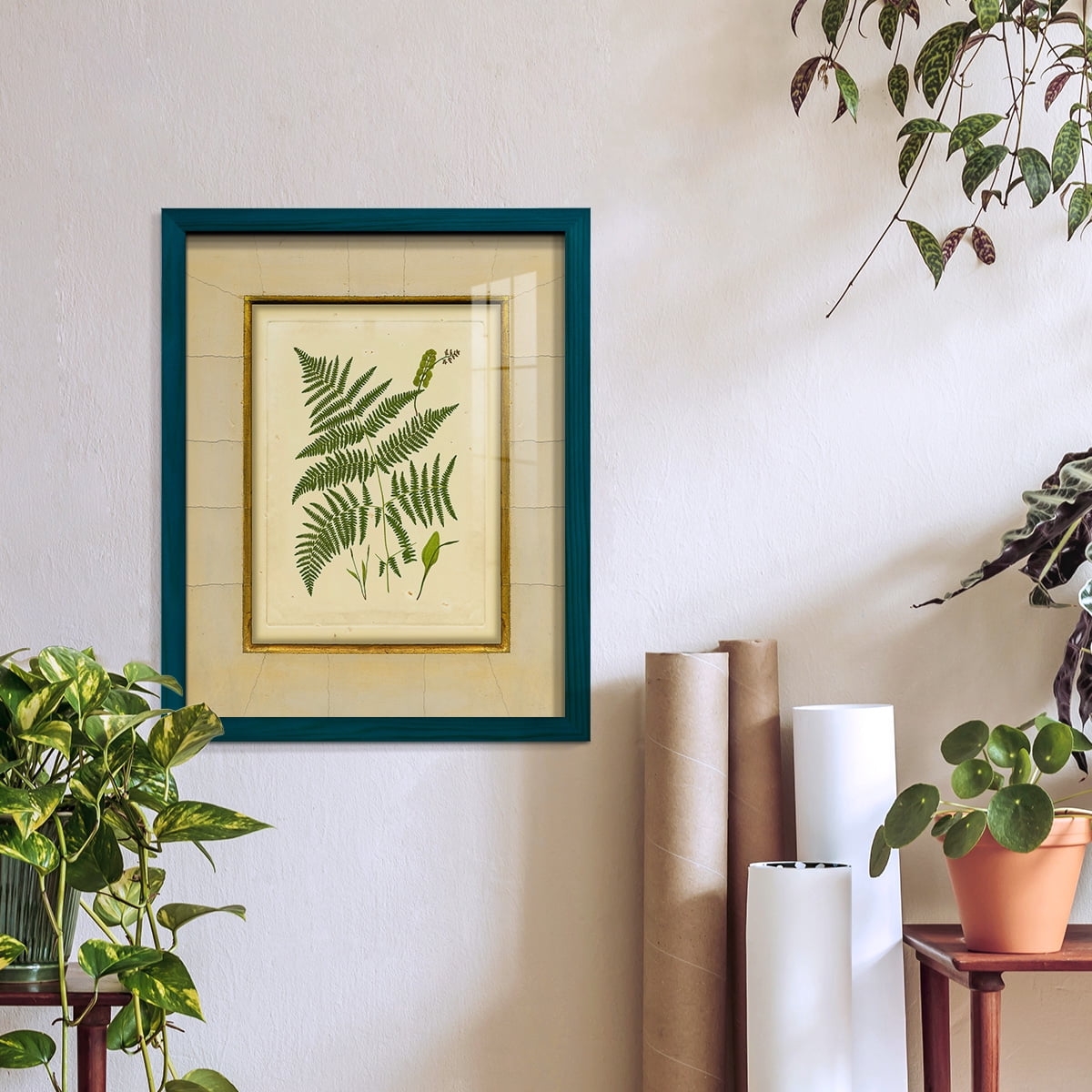 Fern with Crackle Mat (H) IV - Framed Print w/glass - Ocean Blue