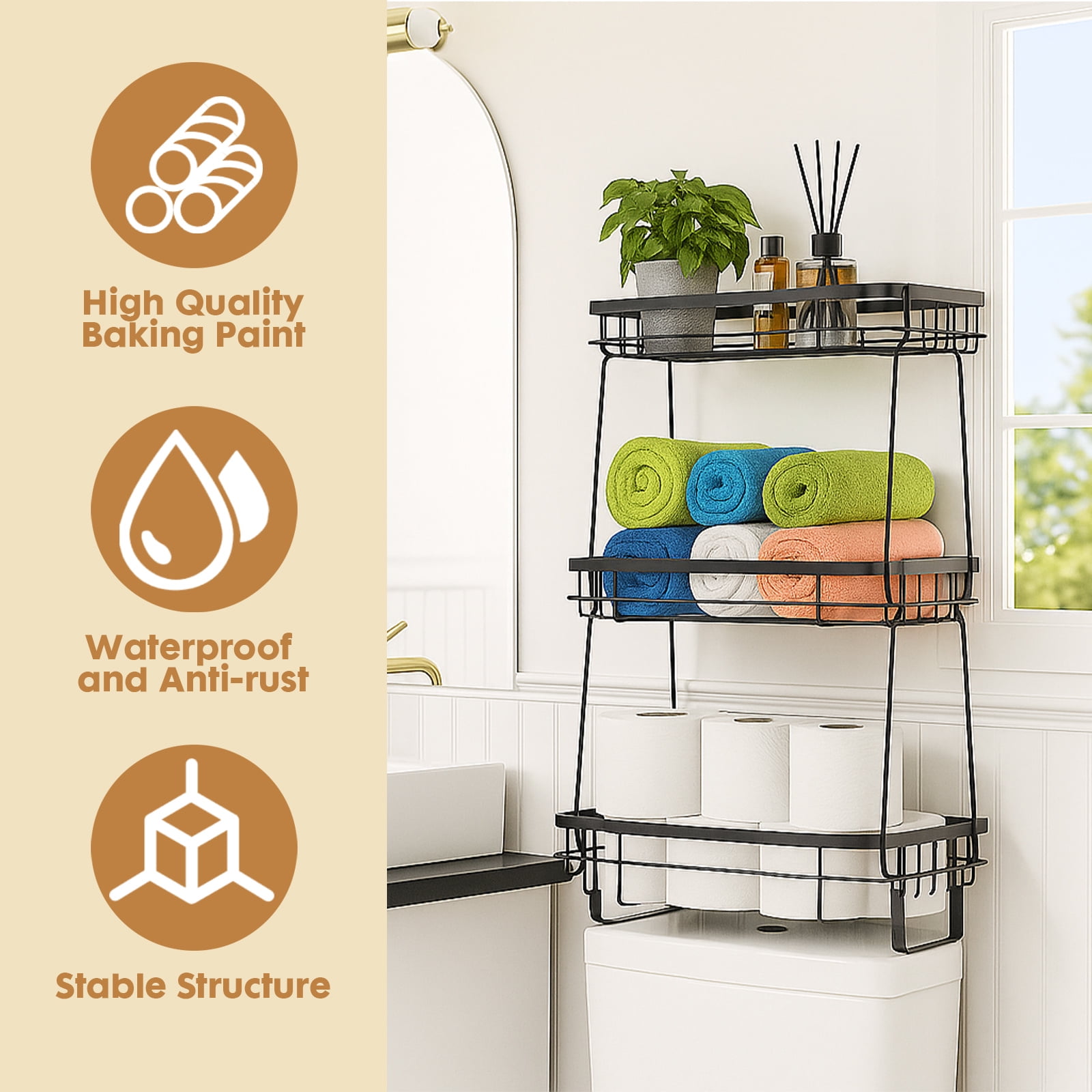 YOYTOO Over the Toilet Storage Shelf, 3 Tier Freestanding Bathroom Caddy Organizer Behind Toilet Stand Shelves Towel Rack with Toilet Paper Roll Holder, Black