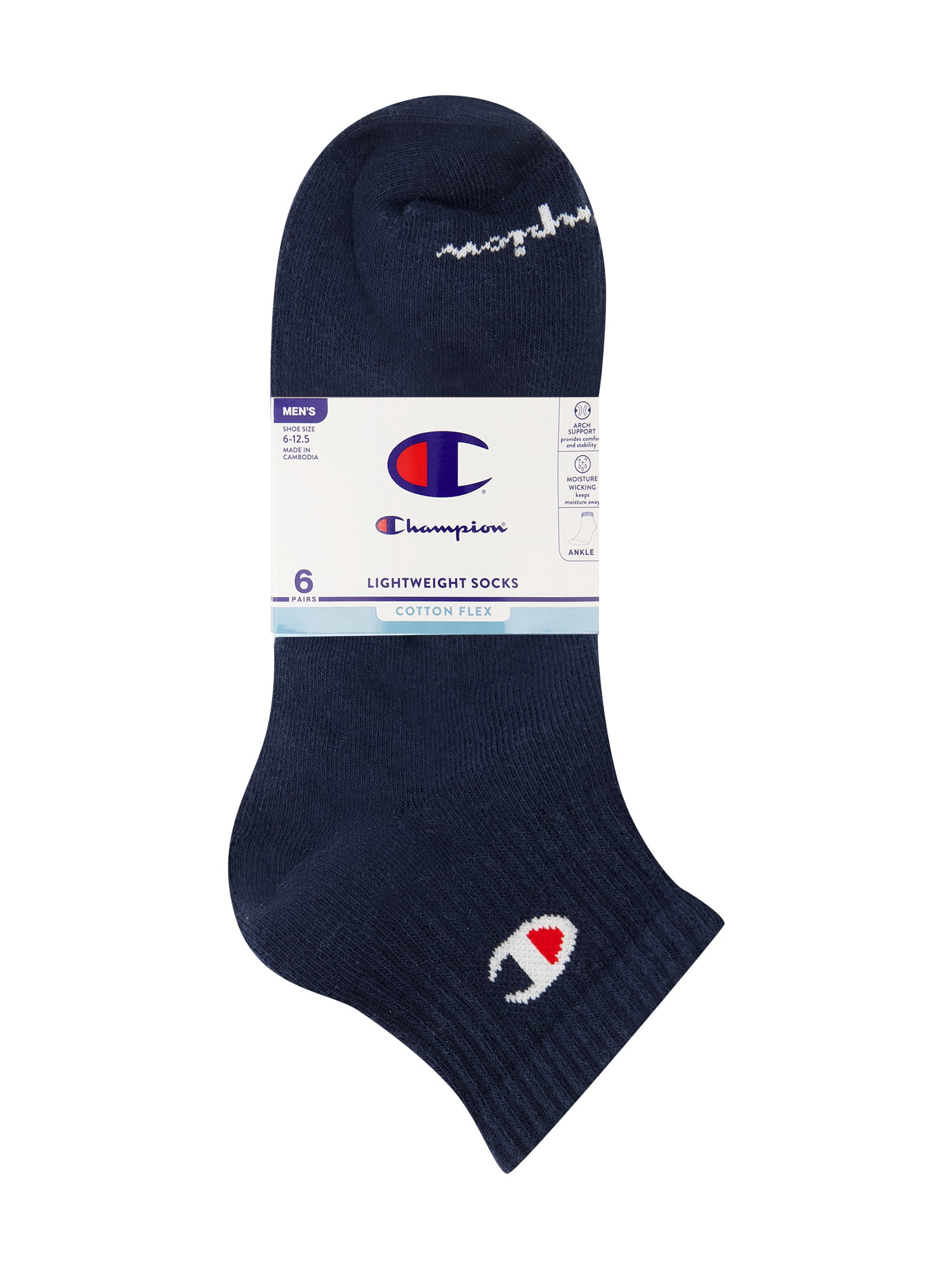Champion Men’s Lightweight Ankle Socks 6 Pack, Moisture-Wicking, Arch Support, Stretch Comfort, Sizes 6–12.5