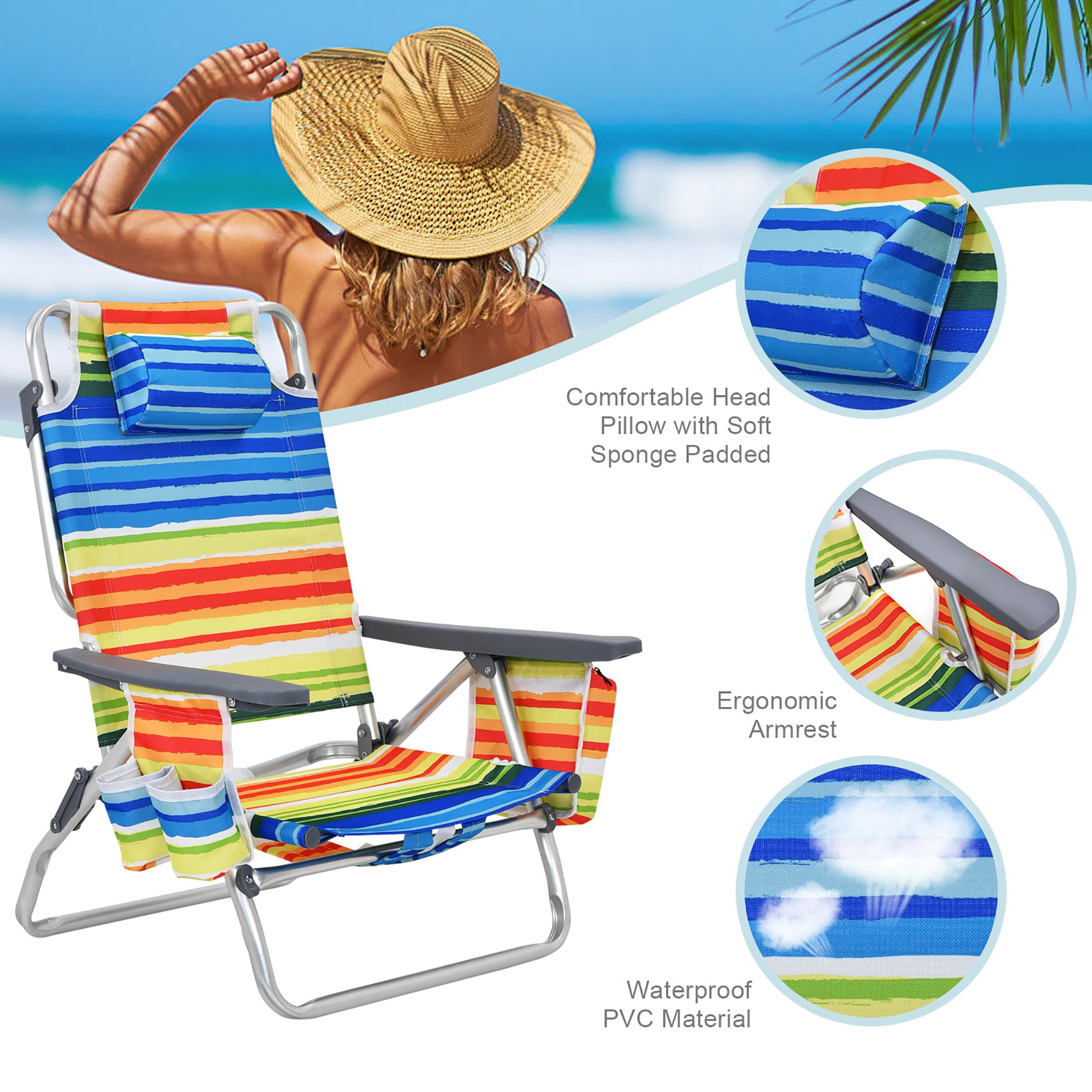 Costway 2-Pack Folding Backpack Beach Chair 5-Position Outdoor Reclining Chairs with Pillow Yellow