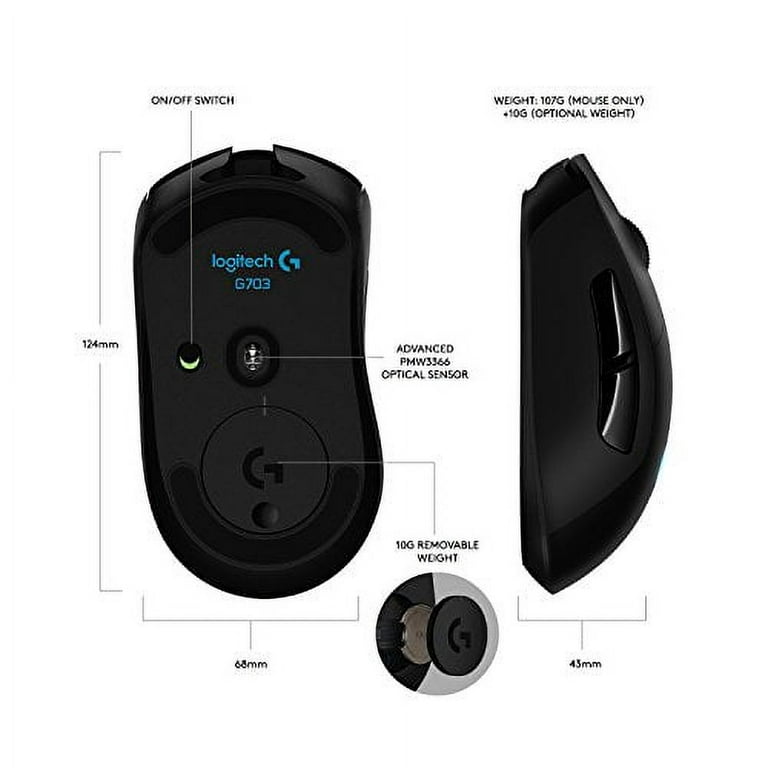 Logitech G703 Lightspeed Wireless Gaming Mouse W/Hero 16K Sensor, Lightsync  RGB, PowerPlay Compatible, Lightweight 95G+10G Optional, 100-16, 000 DPI,  Rubber Side Grips 