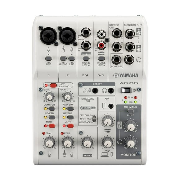 Mezcladora Yamaha AG06MK2W 6 Canales Android Ios +48 V USB Grabación y reproducción de audio de 2 pistas de alta resolución 24 bits 192 kHz