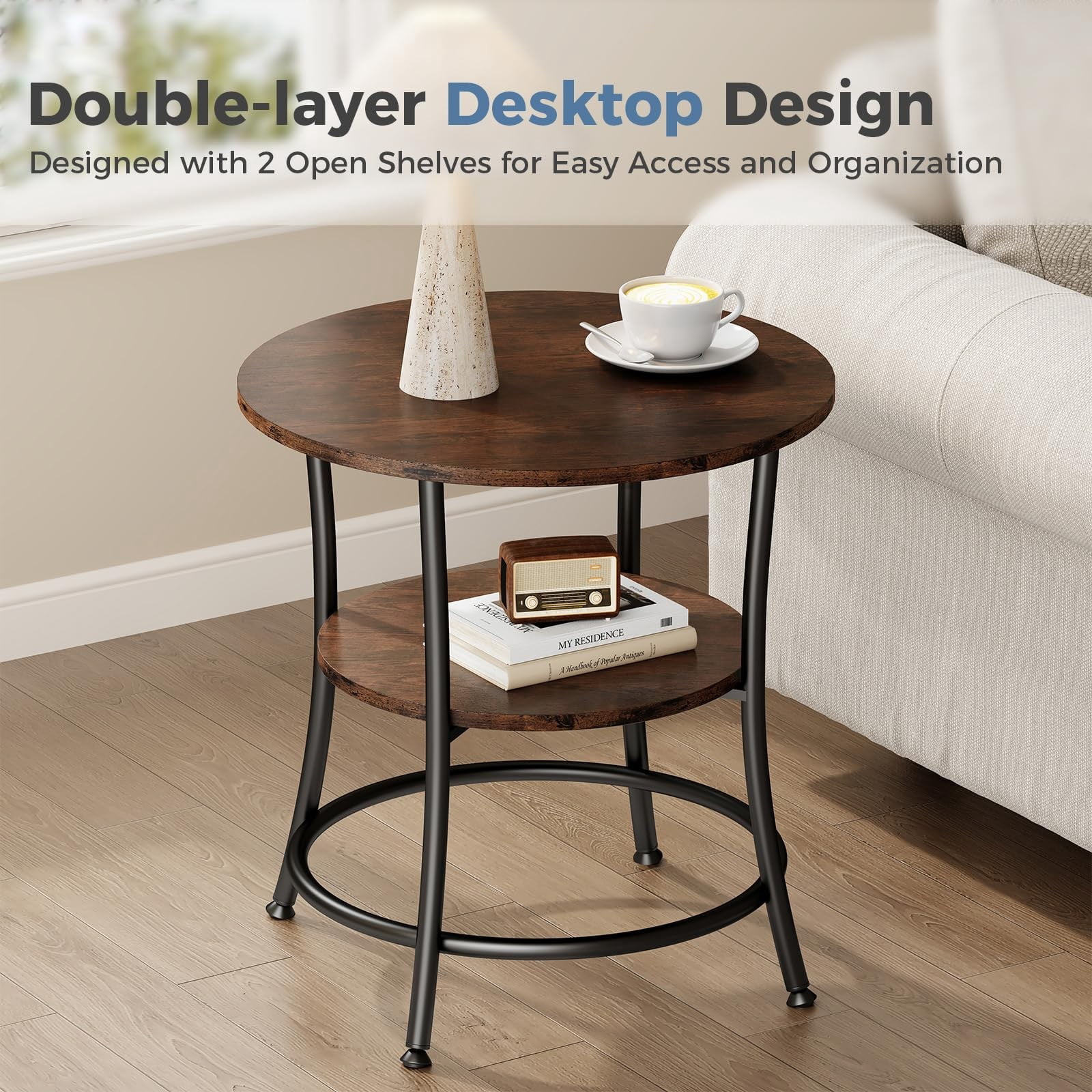 Telyra 2-Tier Round Side Table 21.8" End Table with Antiqued Wood Grain Top and Steel Base, Rust