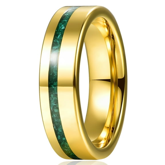 Men's 6mm Gold Tungsten Wedding Bands with Inlaid Crushed Green Created-Opal High Polished Finish Size 6-12