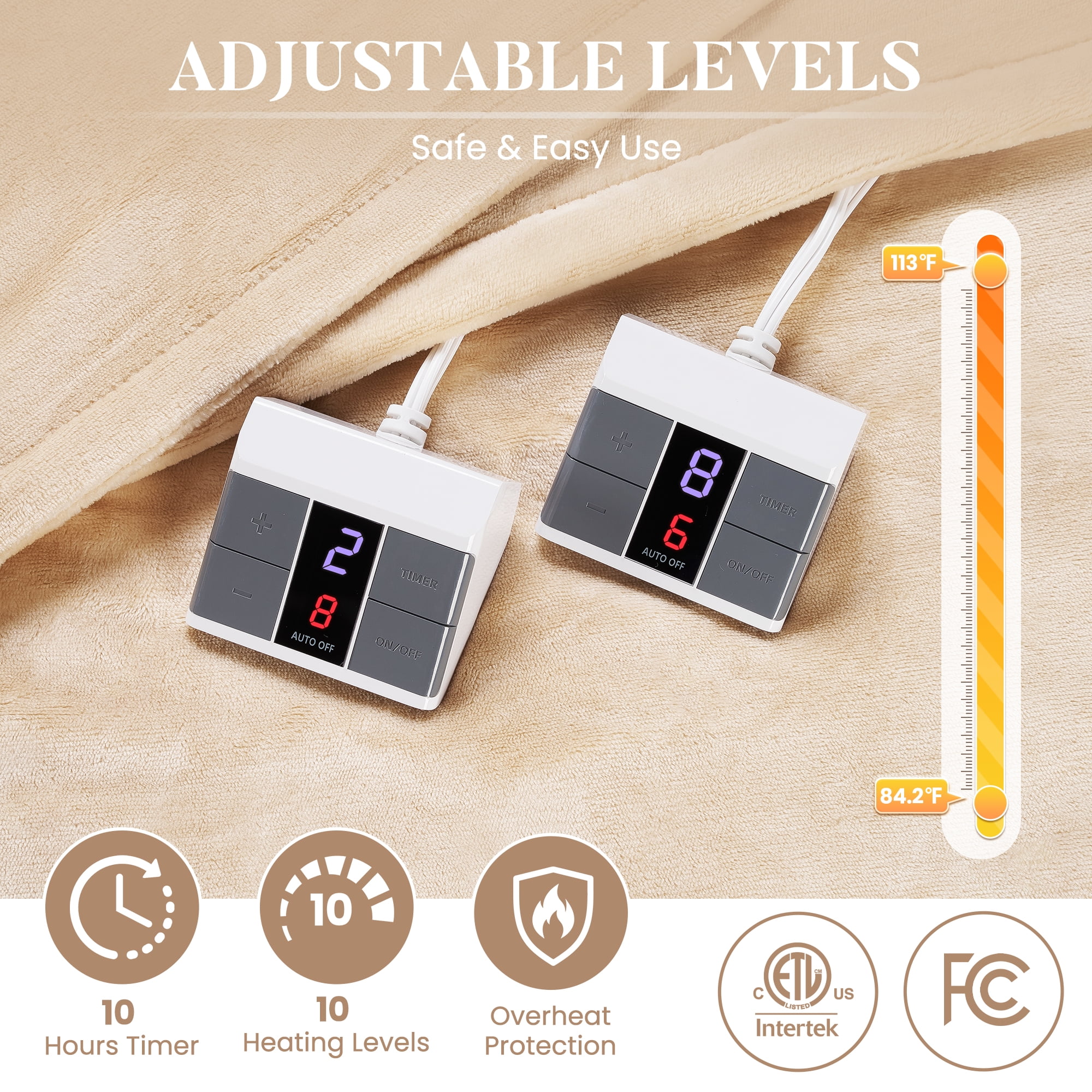 MaxKare Queen Electric Heated Blanket, 10 Heating Levels, 10H Timers, Dual Control, Machine Washable, ETL/FCC Certified, White