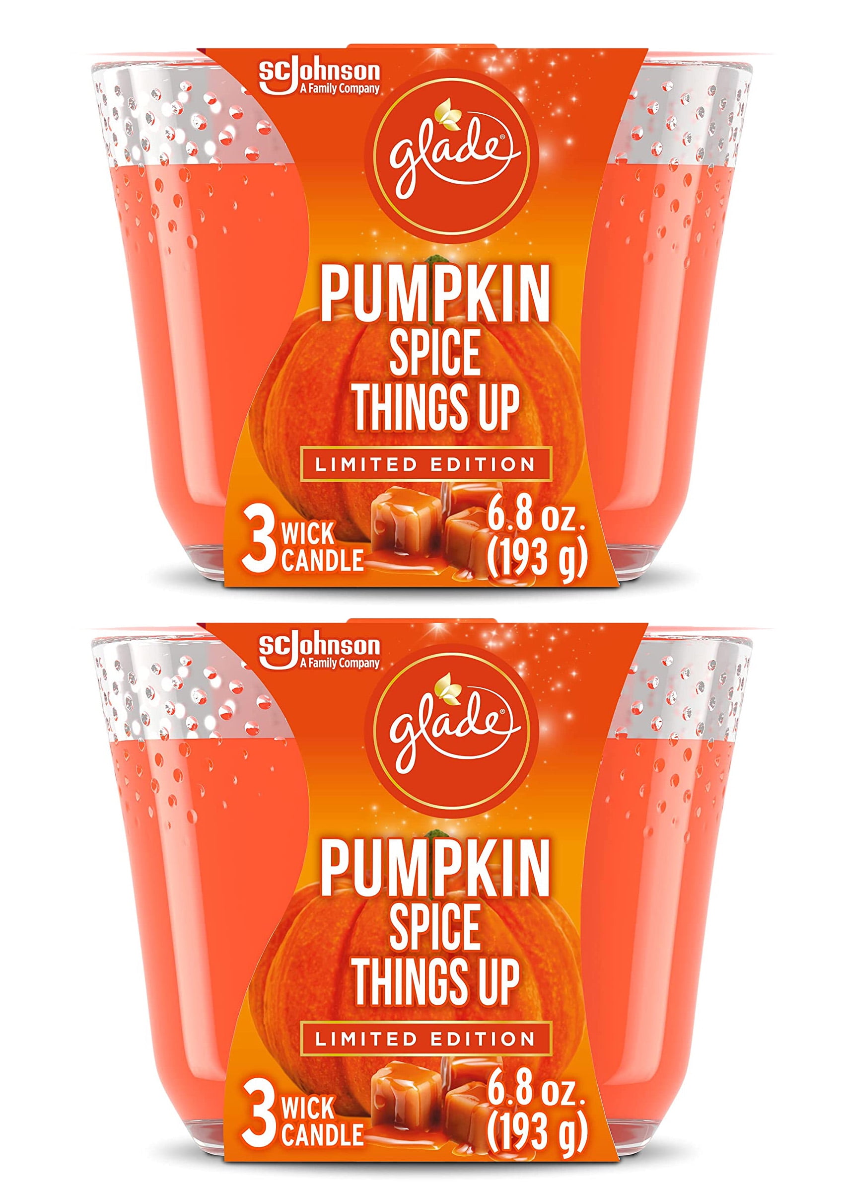 Glade Candle Pumpkin Spice Things Up, Fragrance Candle Infused with Essential Oils, Air Freshener Candle, 3-Wick Candle, 6.8oz, 2 Candles