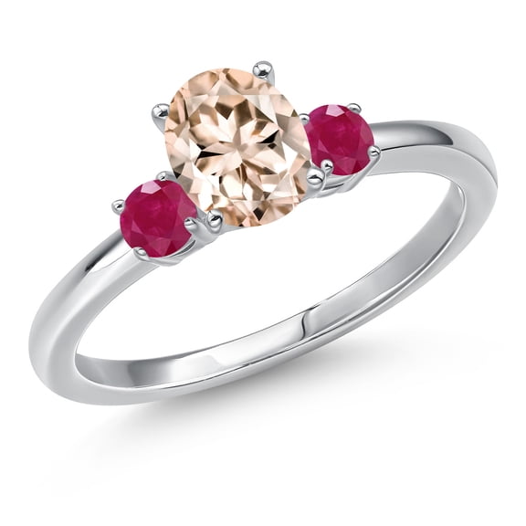 Gem Stone King 14K White Gold Peach Morganite and Red Ruby Engagement Ring for Women | 0.96 Cttw | Oval 7X5MM | Gemstone October Birthstone | Size 6