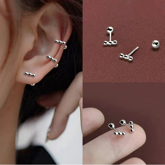 Silver Beaded Bar Stud Earrings, Women Three Ball Stud Earrings, Minimalist Everyday Jewelry